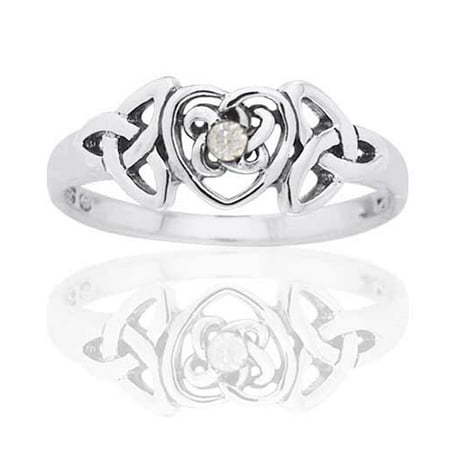 Diamond Set Celtic Ring - April Birthstone Ring - Sterling Silver White CZ Celtic Trinity Knot Heart
