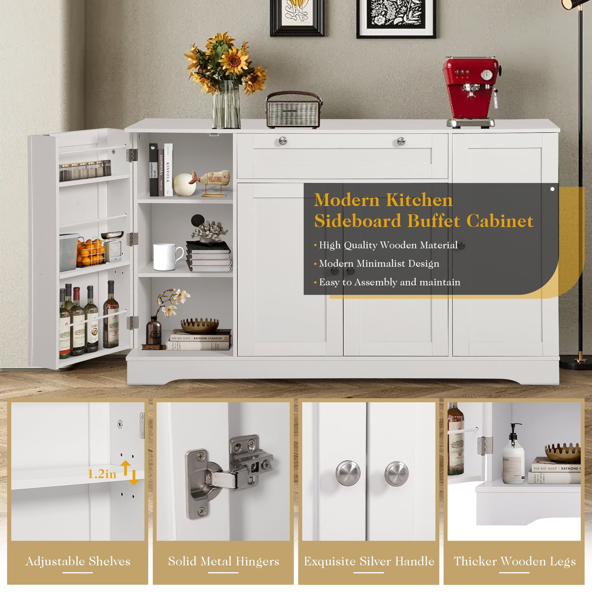 Magic Union 54" Modern Buffet Cabinet with Storage,Wood Sideboard Cabinet with Drawer,Coffee Bar Cabinet with Doors and Adjustable Shelves,Kitchen Pantry Storage Cabinet for Living Room