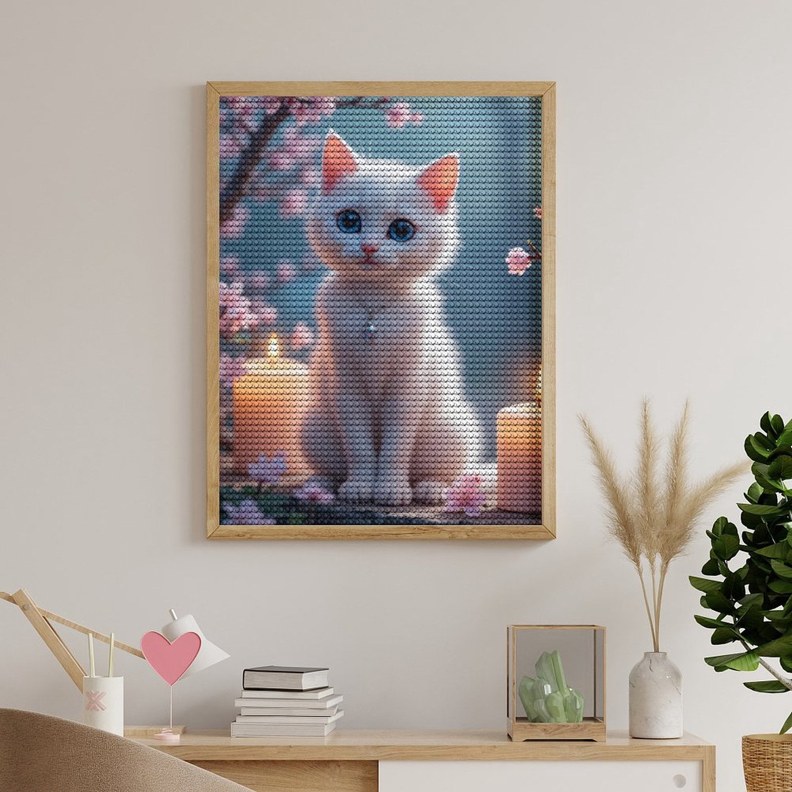 Diamond Art Kits for Adults, White Kitten Blossoms Candles Necklace 5D Diamond Painting Kits for Adults Beginners, DIY Full Drill Diamond Painting, Gem Art and Crafts 12x16