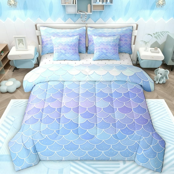 Manfei Sea Animal 7-Piece Twin Bedding Sets,Mermaid Fishtail Bedding Comforter Set,Gradient Purple Blue Sheet Sets For Princess,Ultra Soft Home Decor Reversible