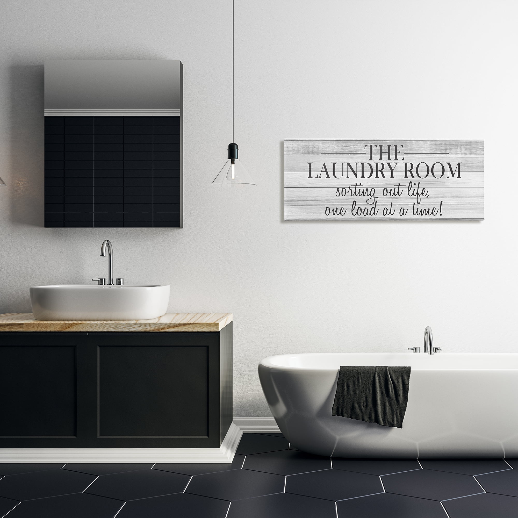 Stupell Industries Laundry Sorting Out Life Typography Black and White Planked Look, 17 x 40,Design by Kimberly Allen