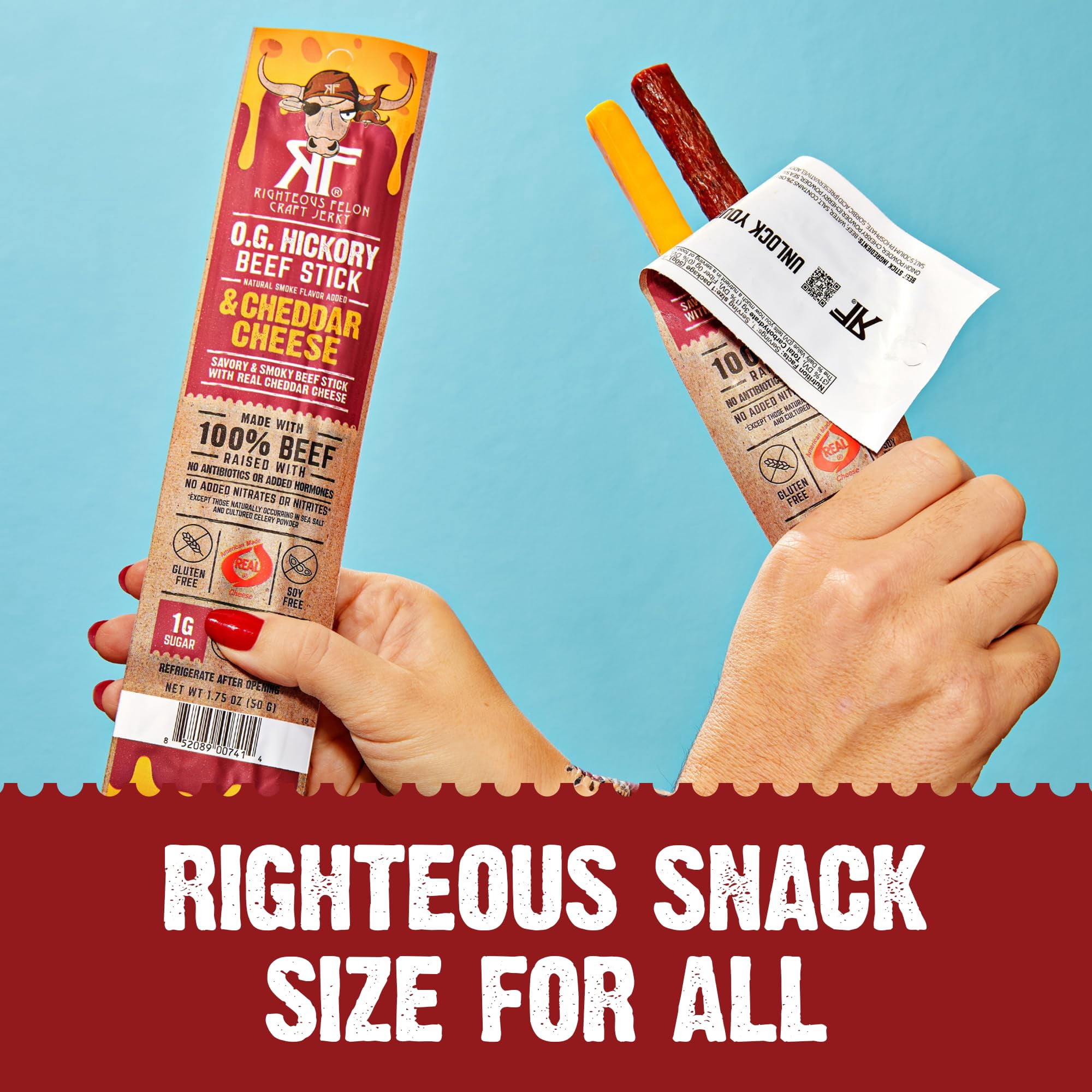 Righteous Felon O.G. Hickory Beef & Cheddar Cheese Sticks, 14g Protein, 100% Grass-Feed - 10 Combo Sticks