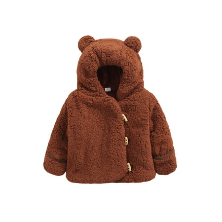 

Suanret Autumn Winter Baby Girls Warm Wool Coat Solid Single Breasted Long Sleeve Ear Hooded Plush Outwear Brown 12-18 Months