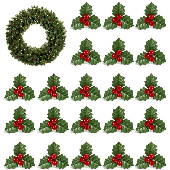 Scheam Artificial Holly Berry Branches with Leaves 40 Pcs Christmas Berries Picks Fake Flowers Holly Plants Ornaments for DIY Xmas Tree Wreath Vase Holiday Home Decor (Red)