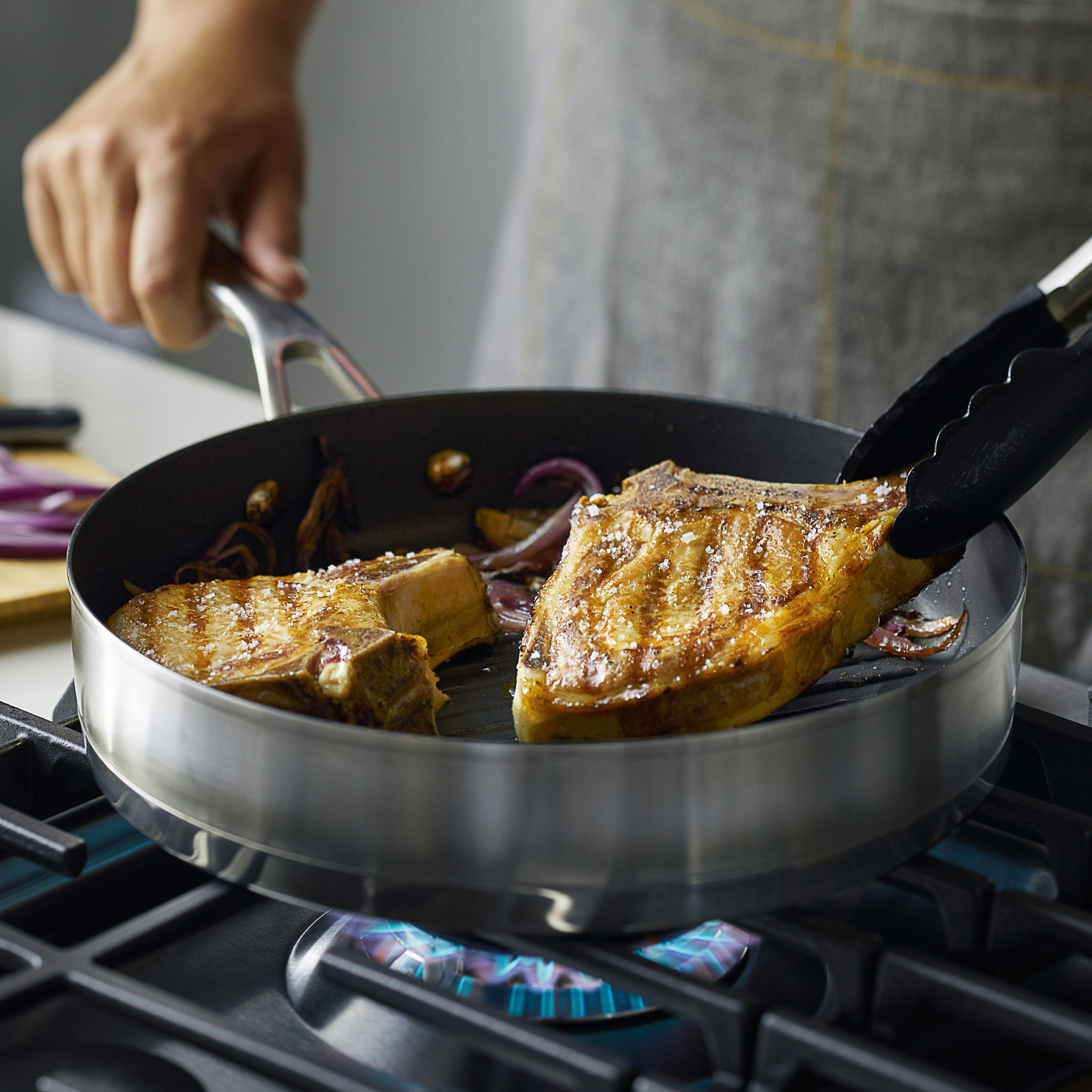 KitchenAid 3-Ply Base 10.25 Inch Stainless Steel Nonstick Induction Stovetop Grill Pan, Dishwasher Safe and Oven Safe to 500°F, Brushed Stainless Steel