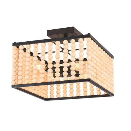 

OUKANING Modern 4-Light Wood Beaded Chandelier Farmhouse Boho Pendant Lights