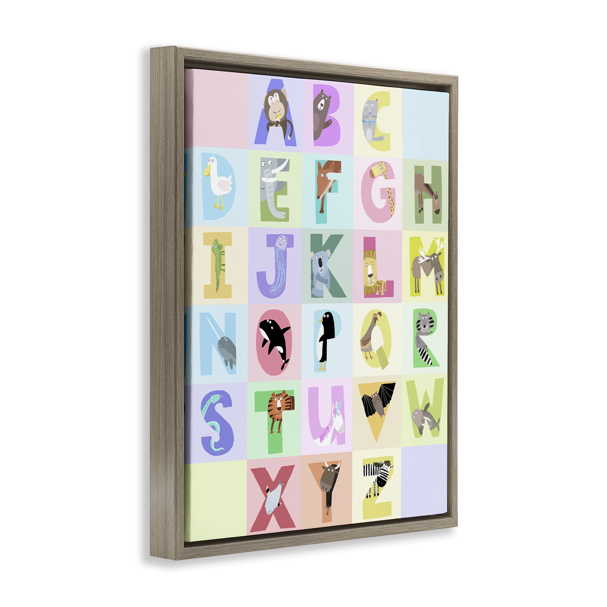 Stupell Industries Animal Alphabet in Pastels Brown Framed Floater Canvas Wall Art, design by Carla Daly