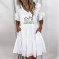 thumbnail image 1 of Robes d'Été Robe d'Été Décontractée à Imprimé Floral Manches Courtes Col en V avec Poches Robe Blanche L, 1 of 6