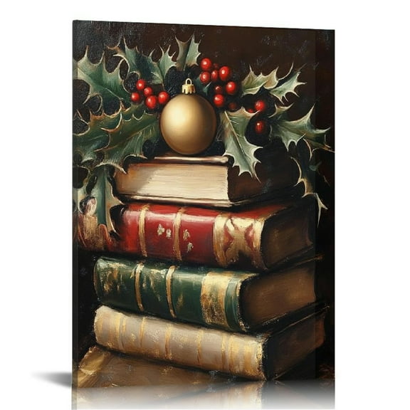 ONETECH Vintage Christmas Canvas Wall Art, Rustic Books Art Still Life Pictures for Wall, Merry Christmas Poster Winter Print, Xmas Dark Academia Decor Wall Decorations Gifts 12x16 in