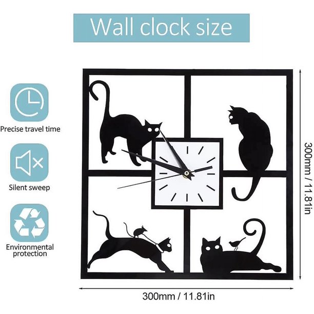 Relojes de pared silenciosos para gatos, relojes de pared que no hacen tictac, reloj de pared de cuarzo moderno para cocina, sala de estar, dormitorio, Hotel Club (1 unidad, negro)