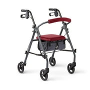 Medline Steel Rollator With Microban, Folding Rolling Walker, 6" Wheels, 350lb Weight Capacity, Black Frame With Burgundy Accents