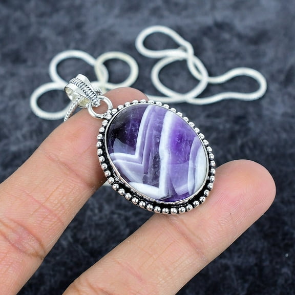 Chevron Amethyst Gemstone Handmade 925 Sterling Silver Pendant 1.89"
