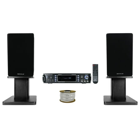 Rockville RPA60BT Receiver (2) 5.25" Black Bookshelf Speakers Black 8" Stands   Rockville R14GSBR100 Red/Blk 14 Gauge 100' Ft. Mini Spool Car Audio Speaker Wire
