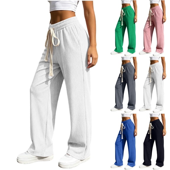 CaComMARK PI Women's Ribbed High-Waisted Drawstring Wide Leg Lounge Pants Casual Baggy Soft Sweatpants with Pockets White