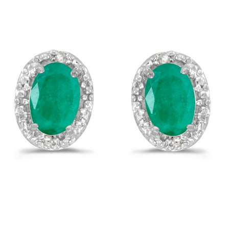 14K White Gold Oval Emerald and Diamond Earrings (7/8ct tgw)