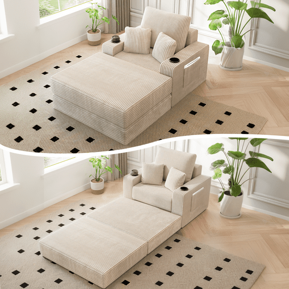 HOMREST 59in Oversized Chaise Lounge Indoor with Ottoman, Convertible Boneless Sofa Bed, Deep Seat Lounge Sofa with Cup Holder,No Assembly Required for Living Room and Bedroom, Beige