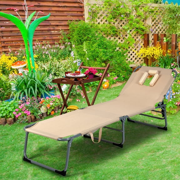 Patiojoy Foldable Lounge Chair Beach Adjustable Folding Recliner with Matching Pillow and Sunbathing Cavity Beige