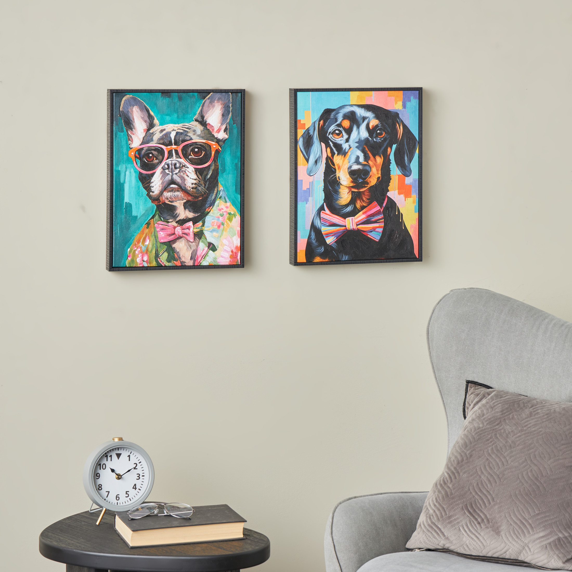 13" x 17" Chic Dog Framed Wall Art with Glasses and Bow Tie, by DecMode (2 Count)