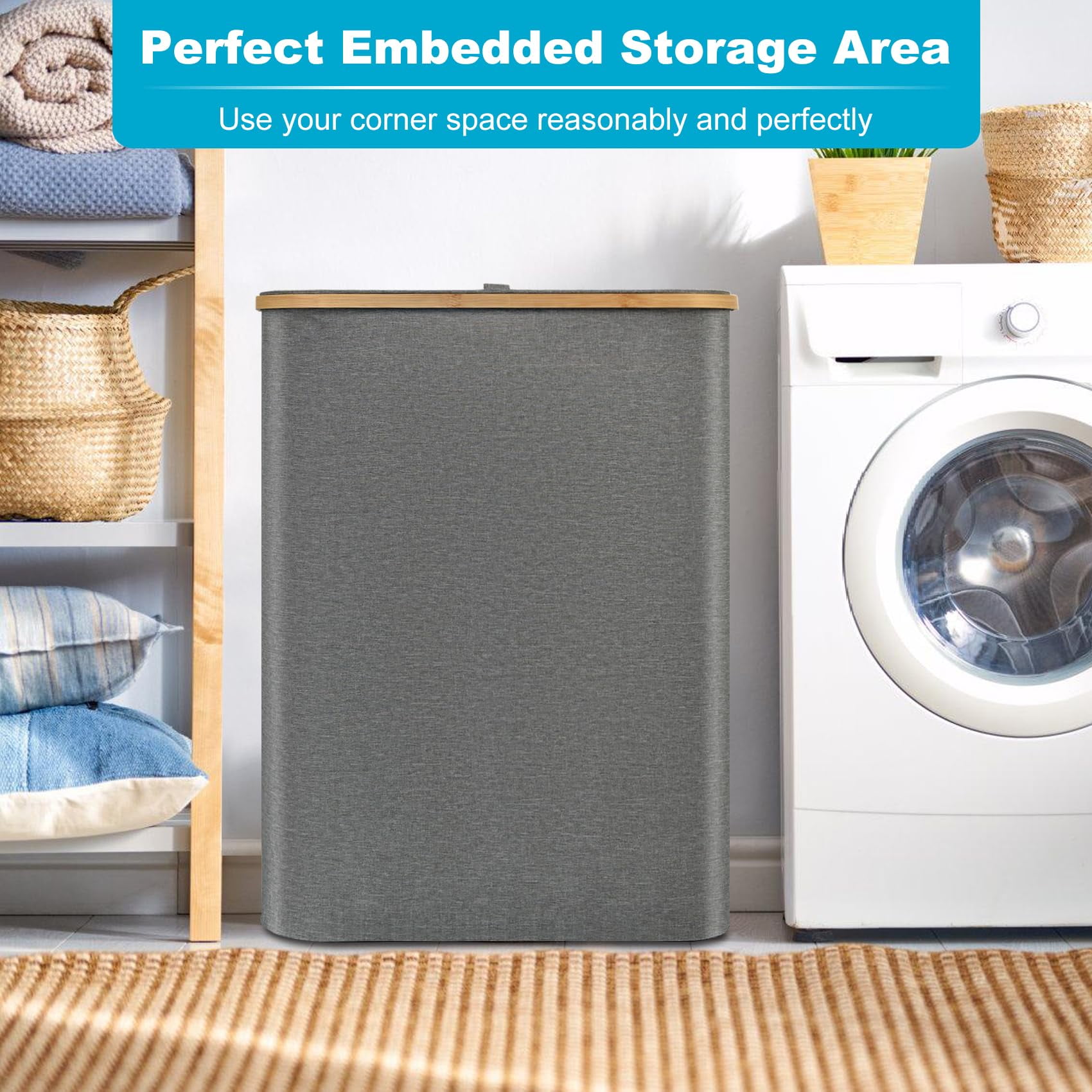 Sunnycome 160L Large Laundry Hamper with Lid Clothes Basket Handles for Bedroom Collapsible Removable Gray