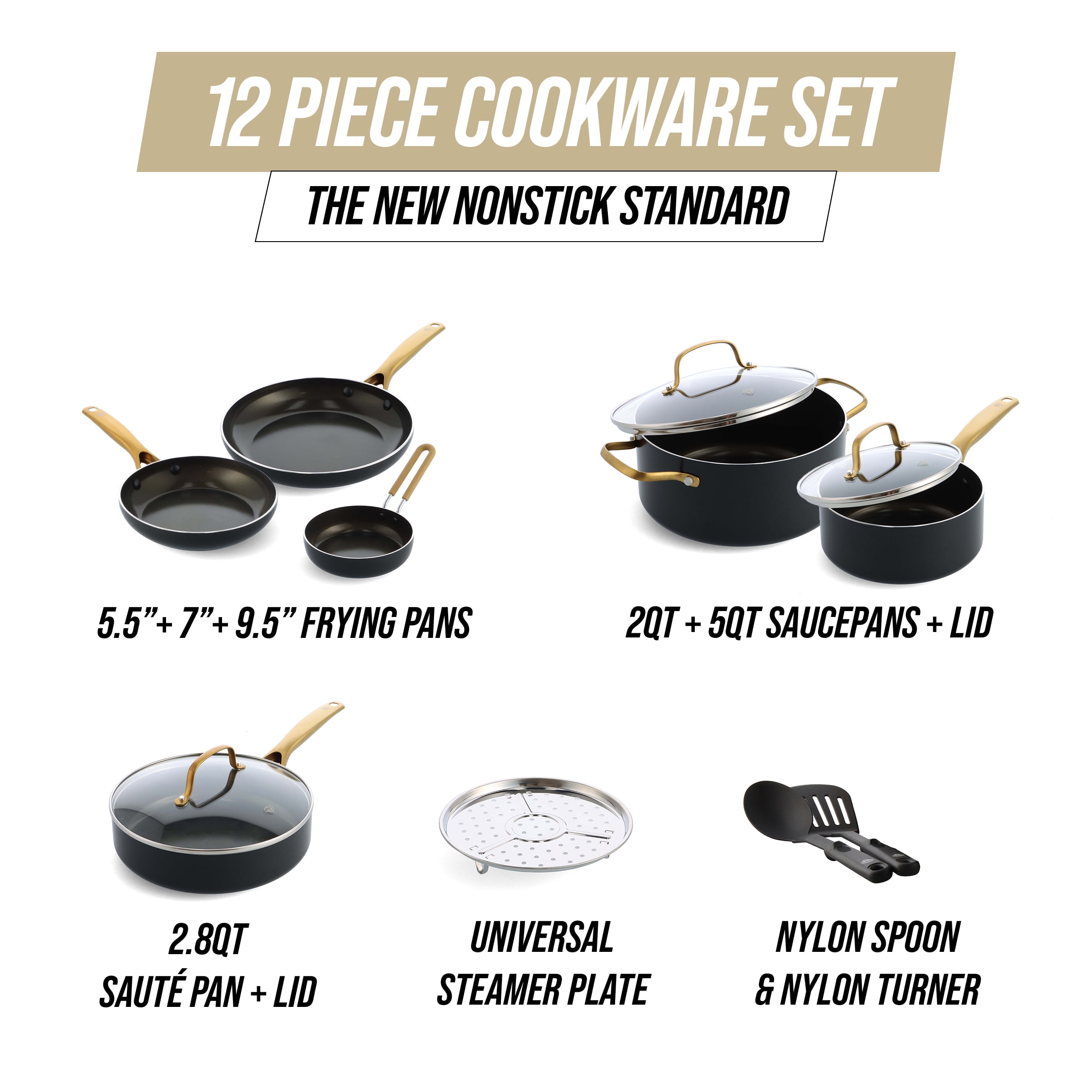 Ceramic Diamond Pots and Pans Sets- 8 Piece Nonstick Kitchen  Cookware Alum Cast, 3, 6, 10 Quart Pot & 11 in Pan - Gold Bundle: Home &  Kitchen
