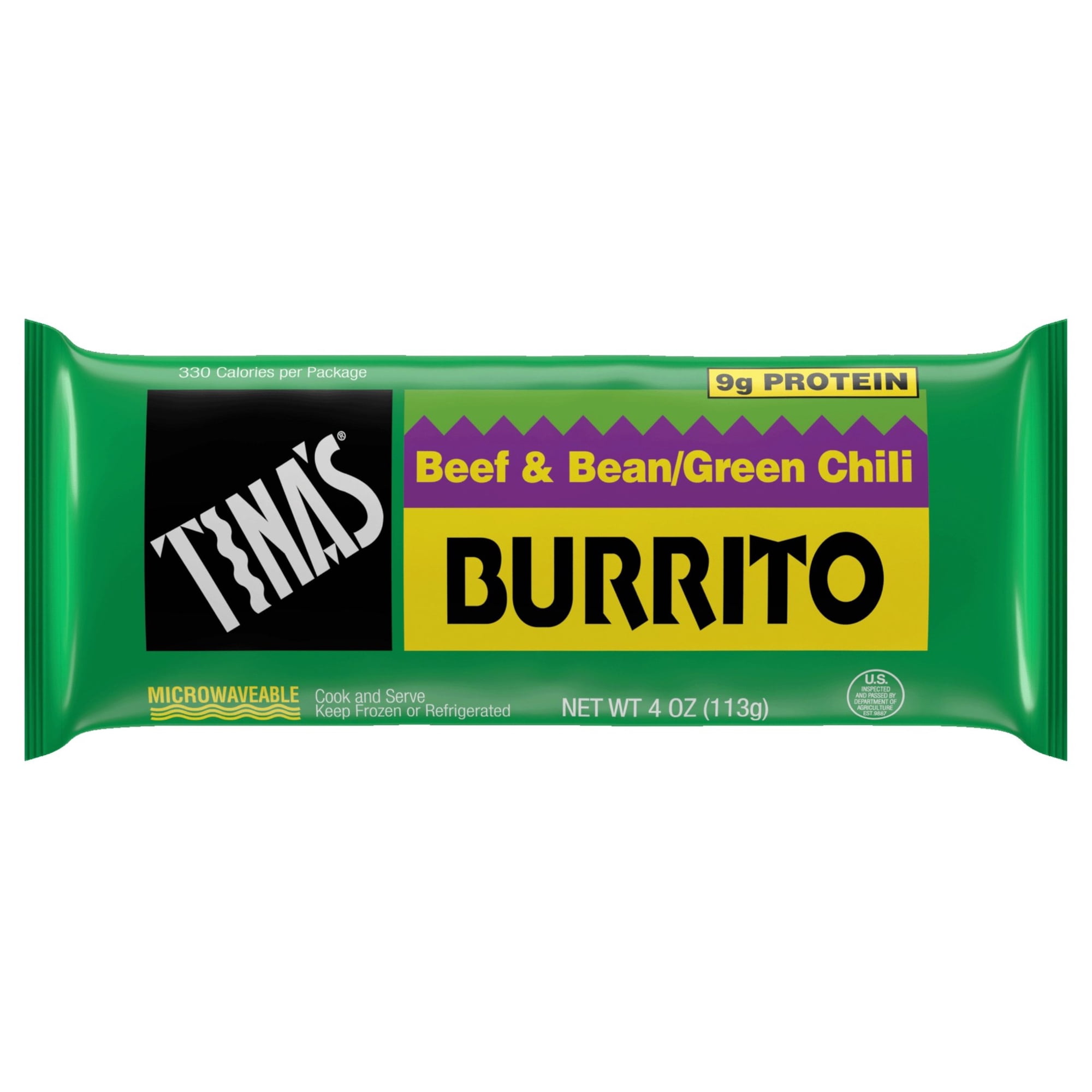 Tina’s Frozen Beef & Bean Green Chili Burrito, 9g Protein, 4 oz