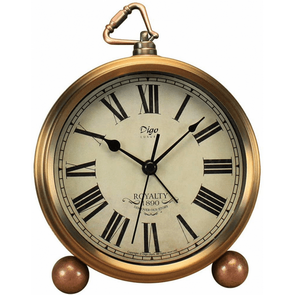 Metal Golden Desk Clock, Retro Vintage Non-Ticking Table Small Alarm Clock Battery Operated Silent Quartz Movement HD Glass for (Roman)
