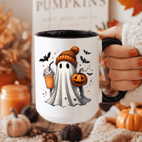 Halloween Ghost Pumpkin Coffee Accent Mug, Cute Spooky Season Fall Ceramic Cup with Black Handle, Halloween Gift for Coffee Lovers