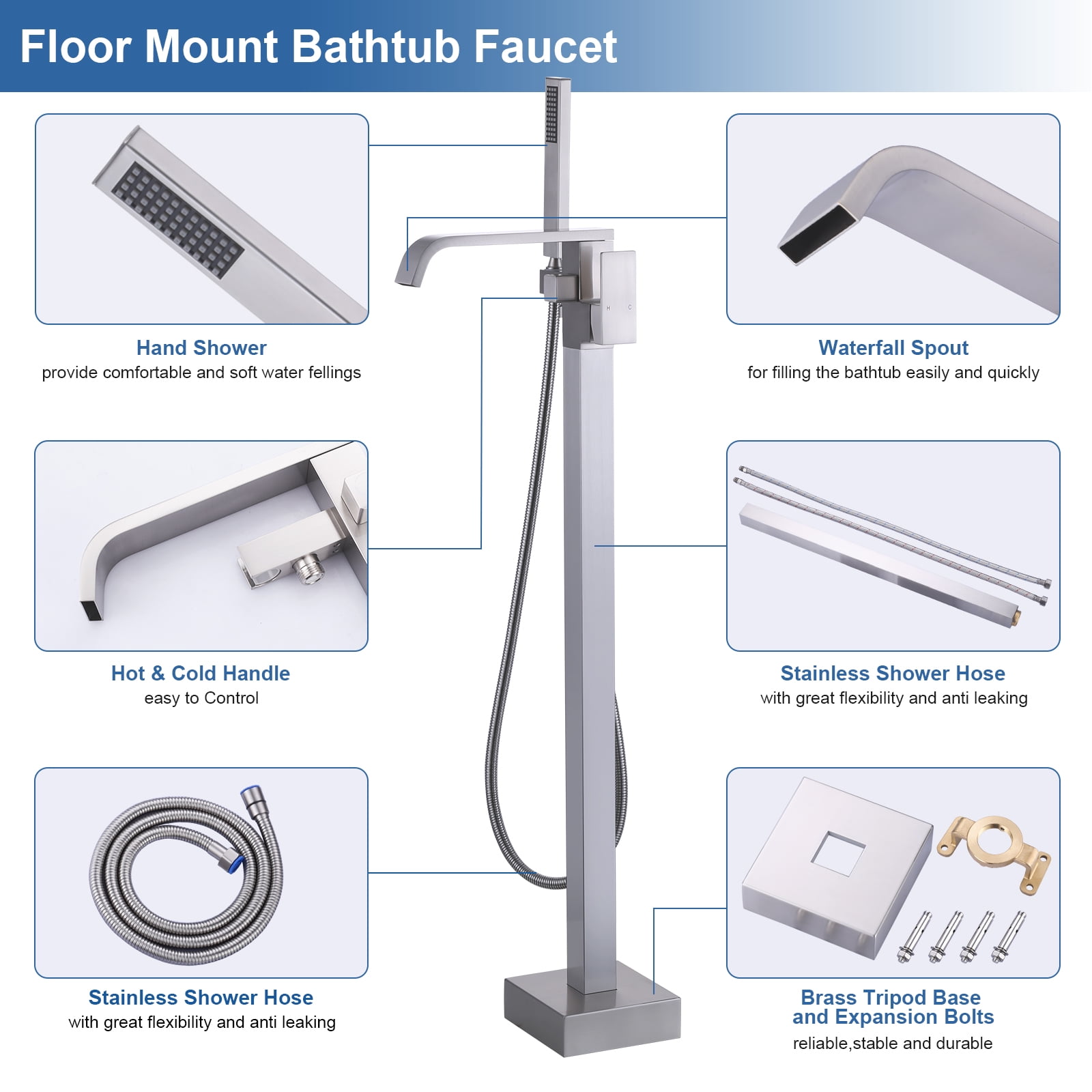 Wowow Brushed Nickel 1-handle Freestanding Waterfall Bathtub Faucet with Hand Shower (Valve Included)