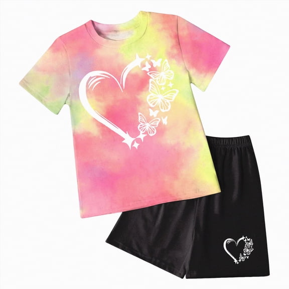 mgoYE Little Girl Outfits Size 7/8 Kids Girl Clothes Tie Dye Heart Print Short Sleeve Top and Shorts Toddler Girl Summer Outfits Short Set(Hot Pink,11-12 Years)