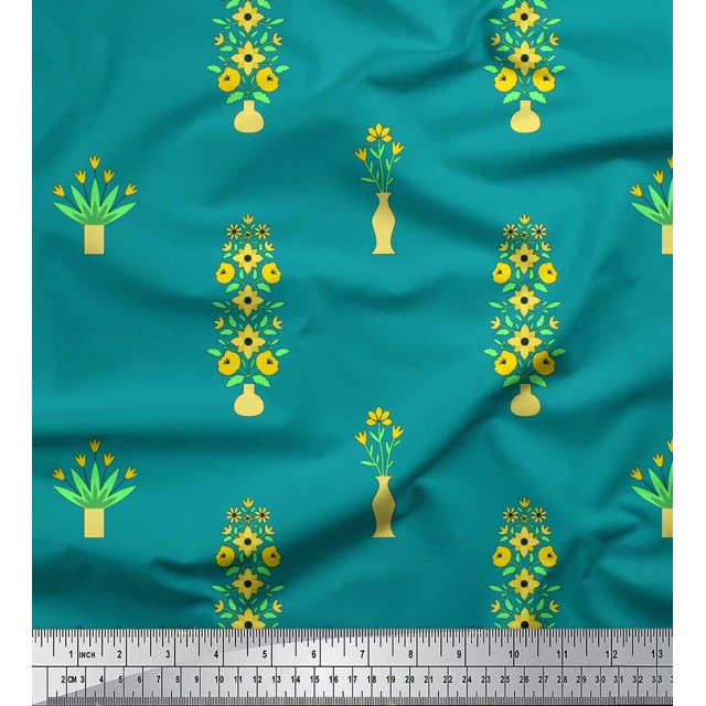 Soimoi Polyester Crepe Fabric Flower Vase Clip Art Decor Fabric Printed Yard 42 Inch Wide