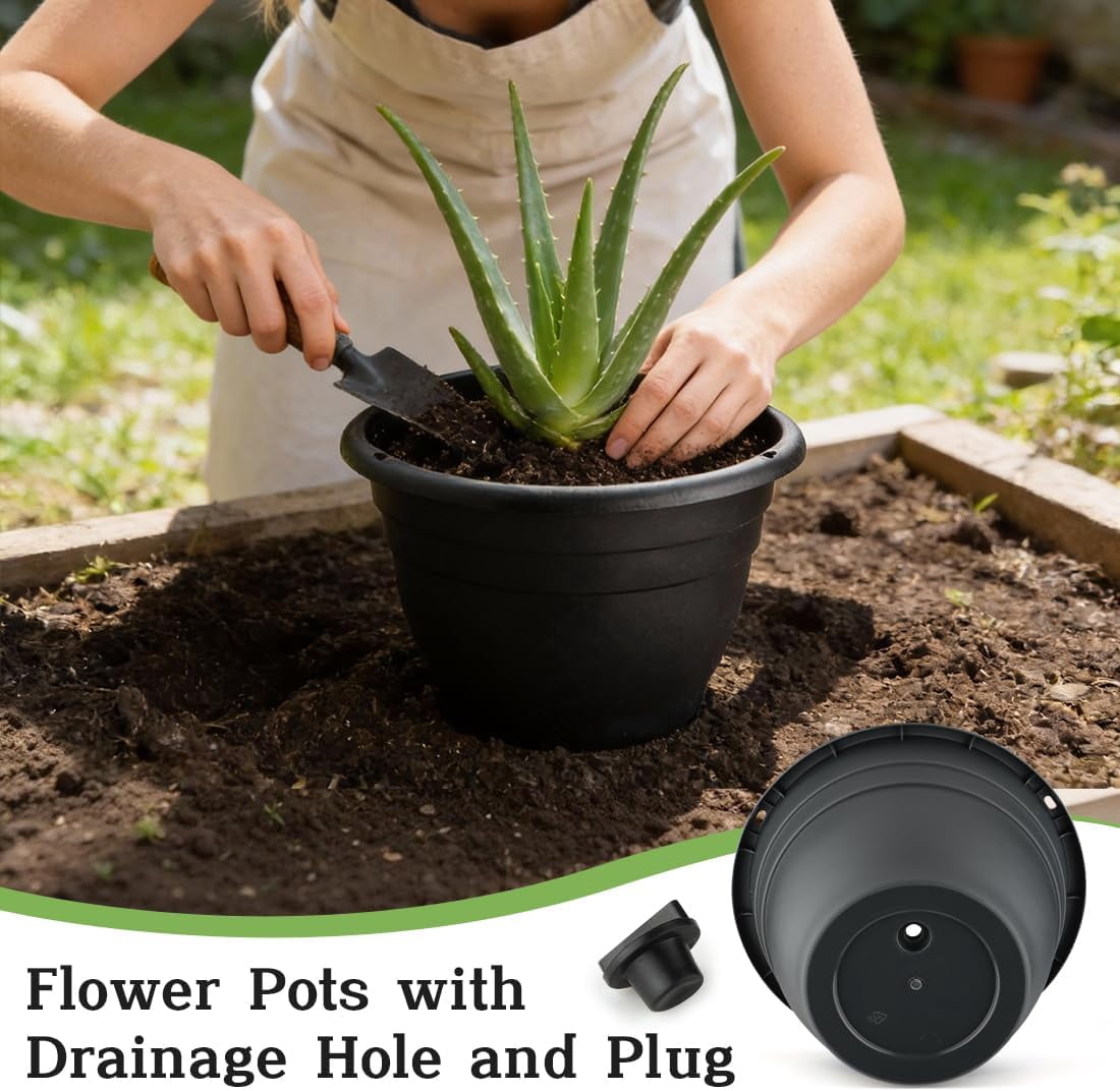 25 Pack 10 Inch Plant Pots with Drainage Holes,Black Plastic Flower Pots for Indoor & Outdoor Plants,Durable Lightweight Planters for Flowers,Herbs & Gardening