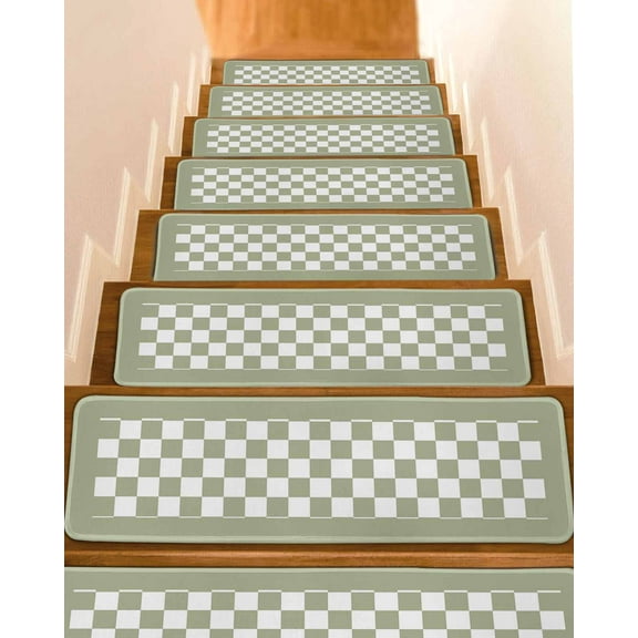 Sage Green Plaid Stair Treads for Wooden Steps Indoor Runner Rug Carpet, Farmhouse Green White Checkered Lace 10 Pieces Peel and Stick Staircase Step Treads Covers Washable Throw Door Mats, 30"x8"