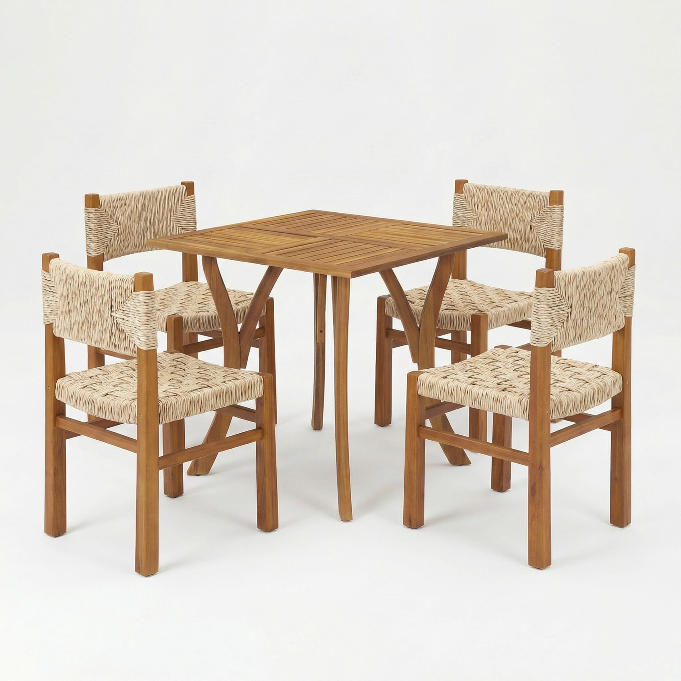 Christopher Knight Home 5-Piece Outdoor Wood Dining Set, Teak Square Table and Light Gray Wicker Chairs