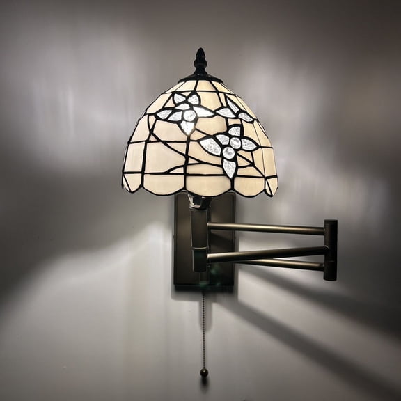 Tiffany Style Sconce Lamp Swing Arm White Stained Glass Flowers LED Bulb Included 13”W*8”D*15”H