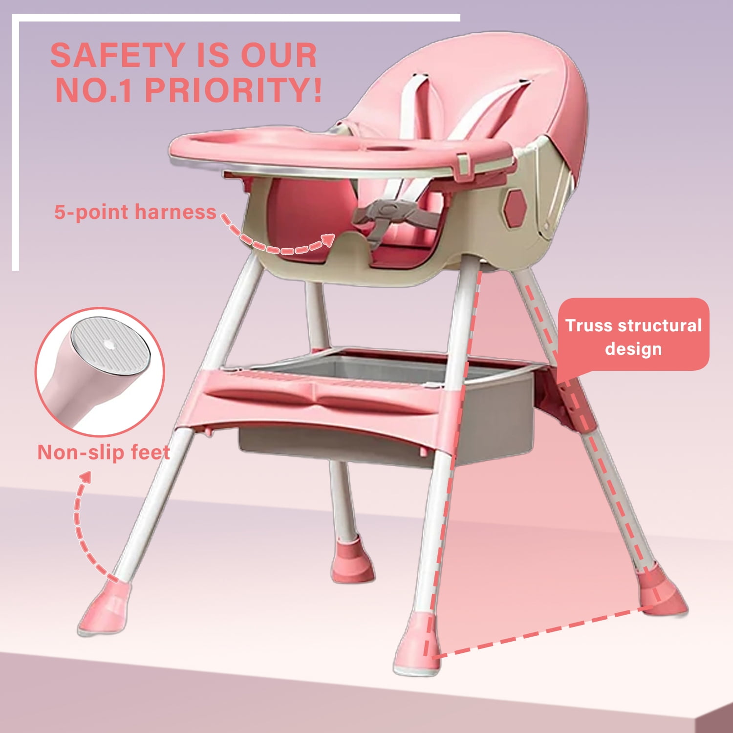XunKA 4-in-1 Baby High Chair, Portable Fortable Toddler Dining Chair Eat & Play with Double-Layer Dinner Plate and Toy Rack for 6-36 Month, Pink.