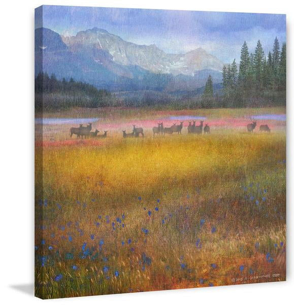 "Flowered Meadow Elk" Painting Print on Wrapped Canvas