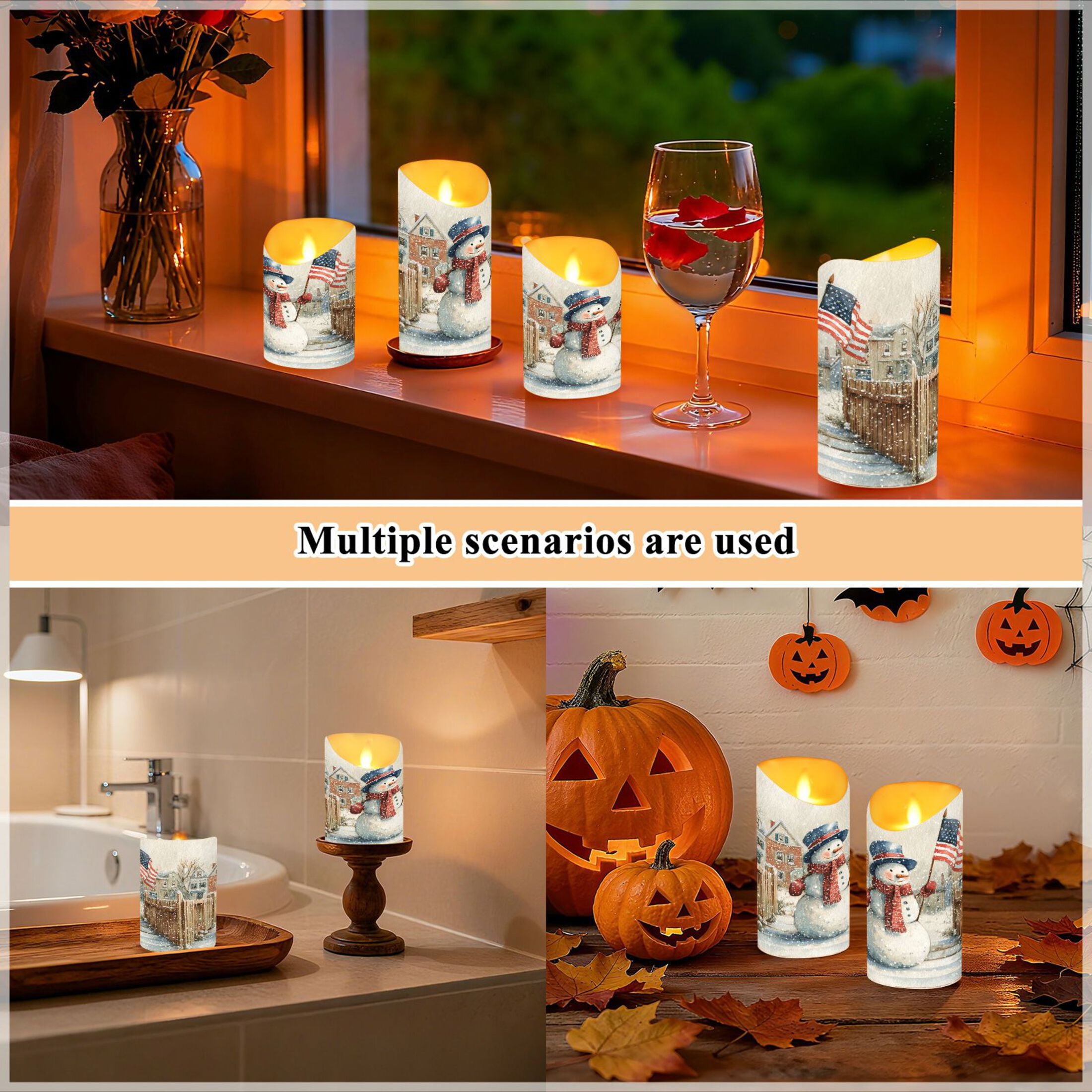 Wobogo American Flag Snowman Flameless Candles with Remote Battery Operated Flickering LED Candles with Timer 2/4/6/8H Medium Size