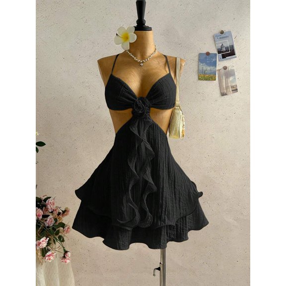 Women Black Boho Floral Cut Out Mini Dress, Ruffle Backless Halter Swing