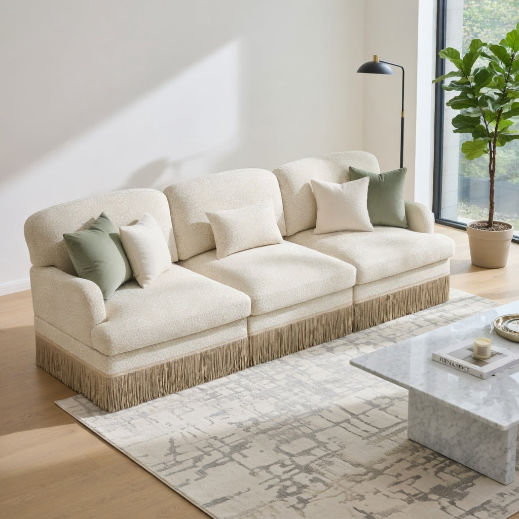 Hommoo 100" Leopard Print Chenille 3-Seat Modular Sectional Sofa, Tassel-Trimmed, Ergonomic Deep Seat Design, Easy Assembly Living Room Couch, Beige