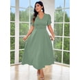 thumbnail image 4 of Green Plus Size Womens Summer Solid V-Neck Short Sleeve Bubble Sleeve A-Line Maxi Dress With Waist Pleats, 4 of 5