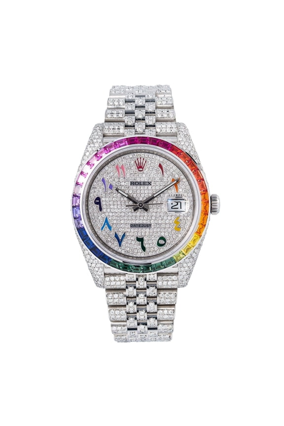 Pre-Owned Rolex Datejust 41MM 126300 Diamond Paved Rainbow Eastern Arabic Dial Rainbow Gemstone Bezel Stainless Steel Full Diamond Jubilee Bracelet 14.75ct
