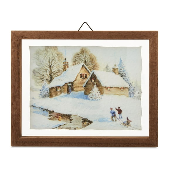 Rustic Cabins in the Snow Framed Hanging Christmas Decoration, Brown and White, 10" x 8", by My Texas House