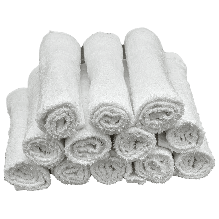 12 Pack - 12 x 12 White Cotton Ribbon Washcloths Rags - Lt Weight Thin  Cloth Rags - Bath/Exfoilating/Kitchen/Garage - 1 lb per Dozen