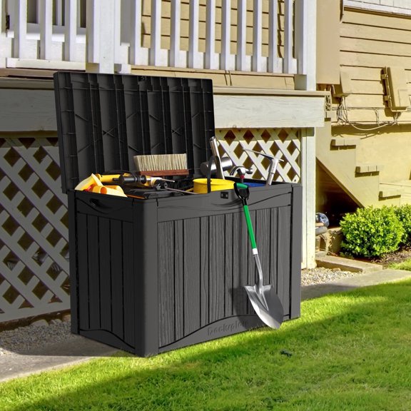 PATIOEASY 50 Gallon Lockable Resin Deck Box, Waterproof & UV-Resistant Toy Box ,Outside Storage Boxes for Furniture, Garden Tools and Tools Storage-Black