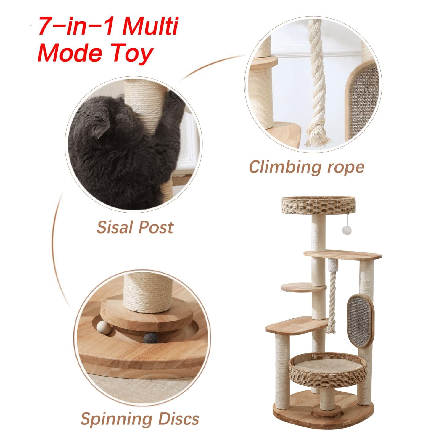 Wooden Cat Tree For Large  Tall Tower With Indoor Cats Multi-level Condo Hand-woven Bed And Board Easy To Clean (48in)