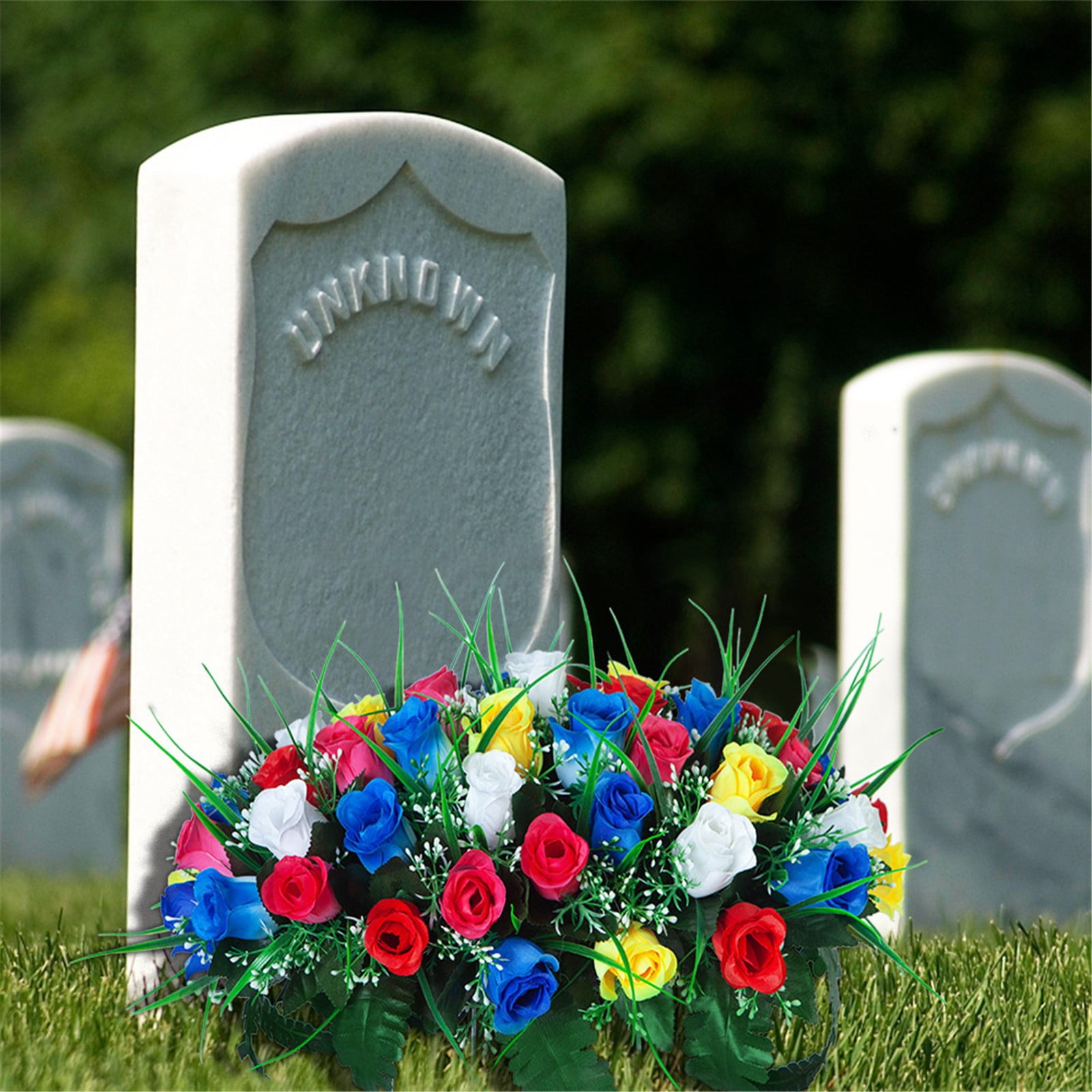 Headstone Flower Saddle Artificial Cemetery Flowers Grave Flowers For Cemetery Headstone Flower Saddle Red Rose Combination Outdoor Memorial Day Decorations Funeral Tribute Arrangement