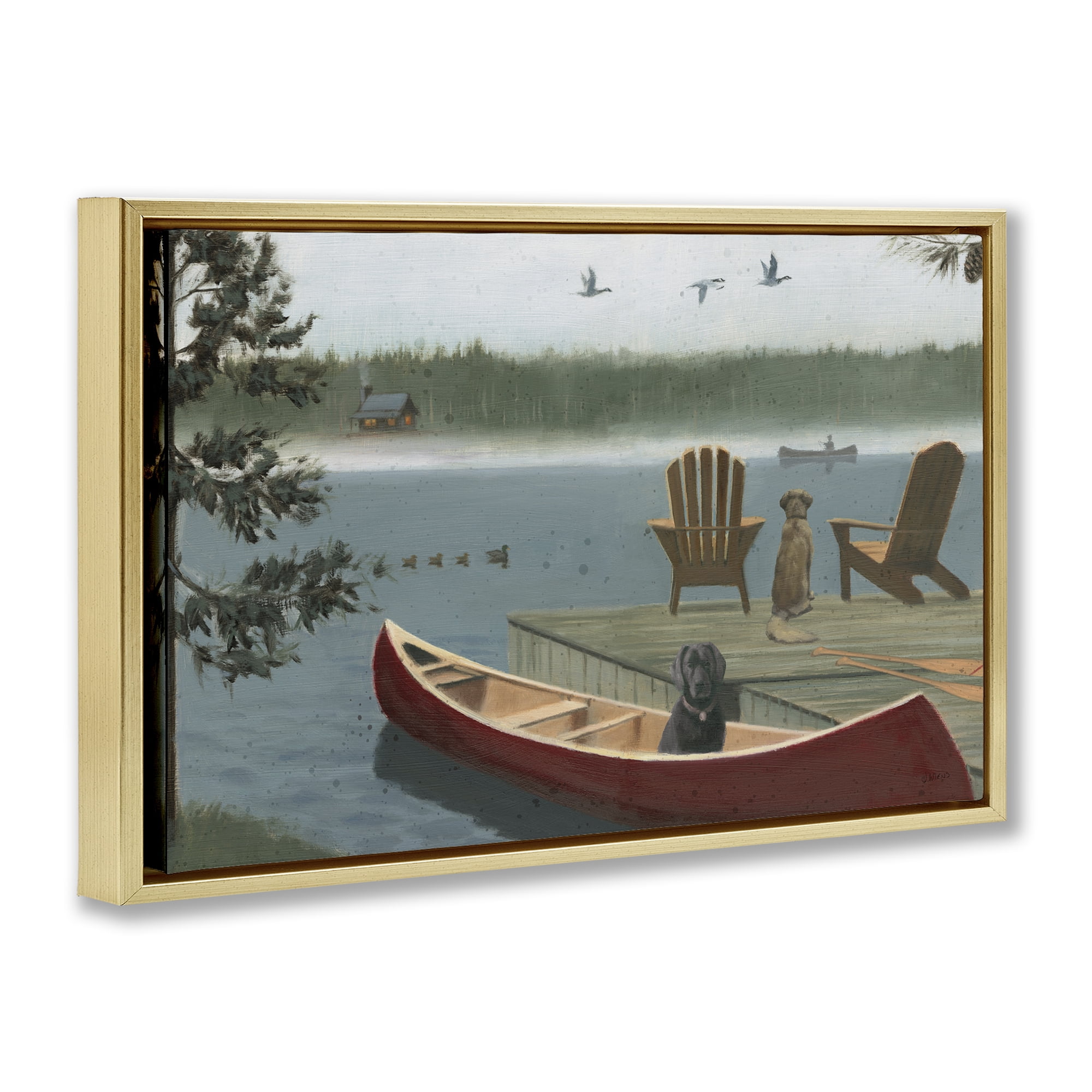 Stupell Industries Dogs on Lake Dock Landscape & Nature Painting Gold Floater Framed Canvas Art Print Wall Art, 31 x 21