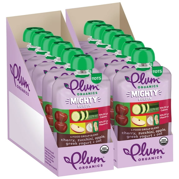 Plum Organics Mighty Builder Organic Baby Food Cherry, Zucchini, Apple, Greek Yogurt and Oat, 4 oz Pouch - Case of 12