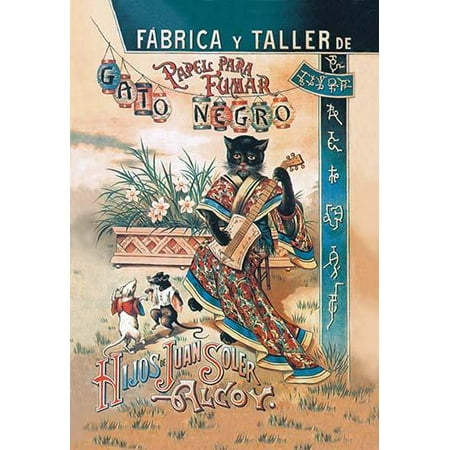 Advertising Cigarette - Advertising for the Black Cat brand of rolling paper for cigarettes Features a kimono wearing cat playing an instrument as two mice dance Poster Print by unknown