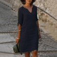 thumbnail image 1 of Women's Short Sleeve Cotton Linen Midi Dress Ladies Solid V Neck Baggy Sundress, 1 of 5